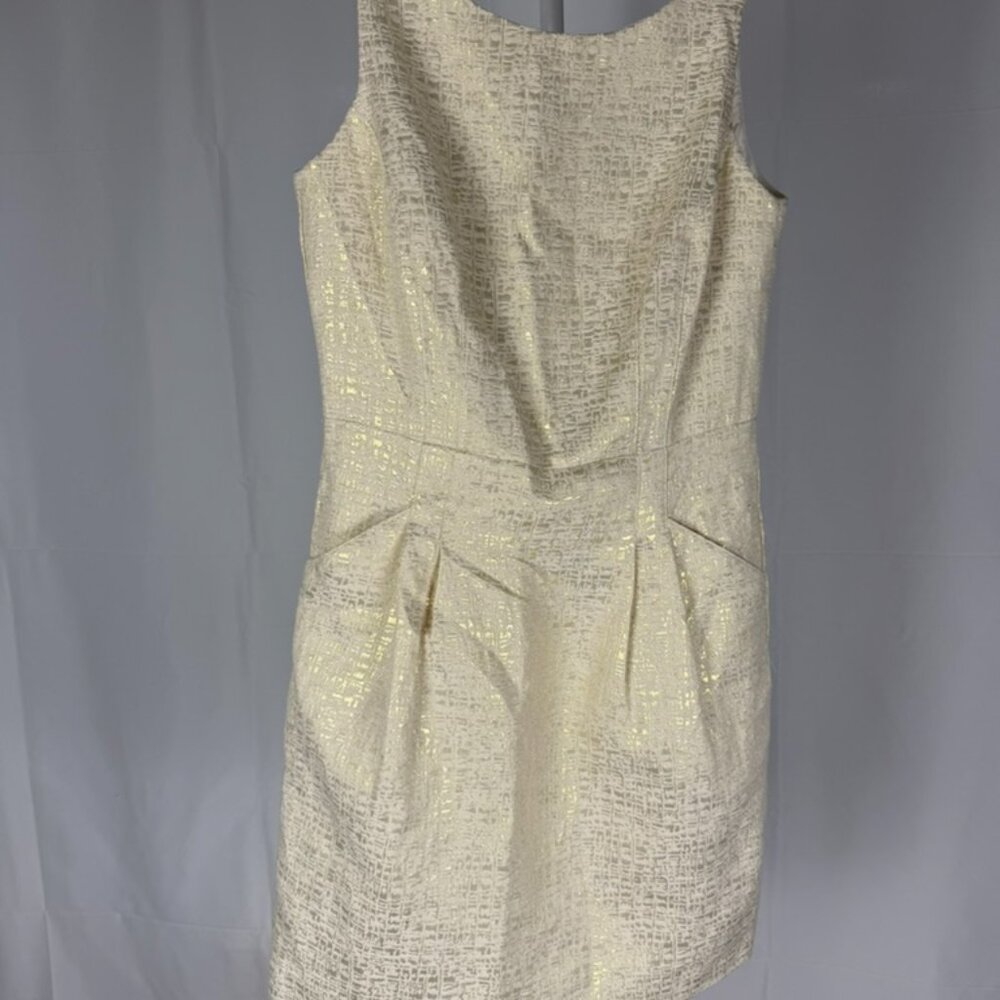 Dalia Jacquard Cocktail Party Dress w/ Pockets Sz 6 Sleeveless Lined Cream/Gold